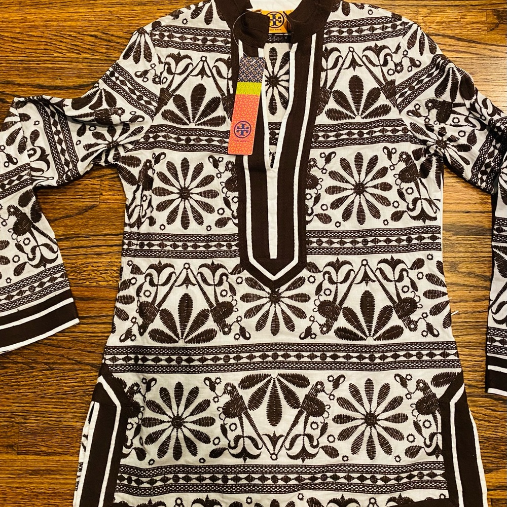 NWT Tory Burch Embroidered Brown 100% Cotton Tunic Top Size 10 Retail $395